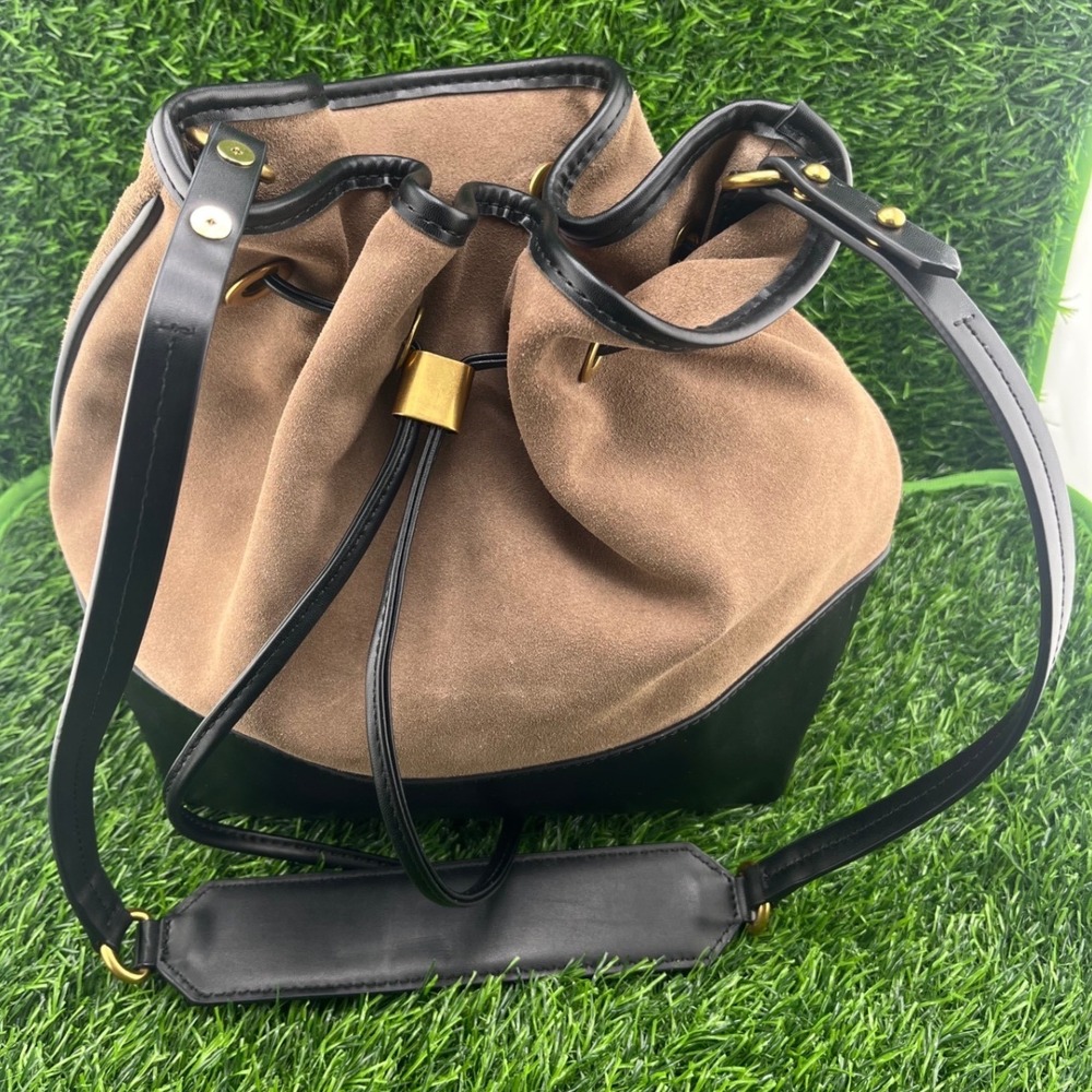 ZARA Brown Suede Bucket Bag Black Leather Trim Drawstring Crossbody Chic City - Picture 4 of 13